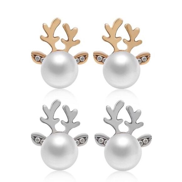Reindeer Antlers Faux Pearl & Rhinestone  Earrings NWT - Picture 1 of 8